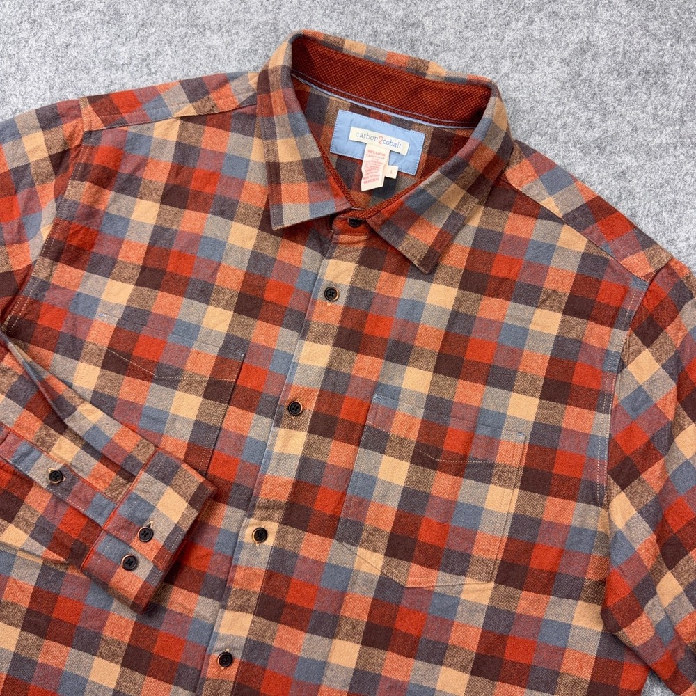 Carbon 2 Cobalt Shirt Mens Large Orange Check Flannel Performance Fall Button Up